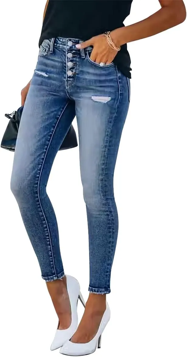 KUNMI Women's Ripped Skinny Slim Fit Jeans Frayed Distressed Stretchy Denim Pants
