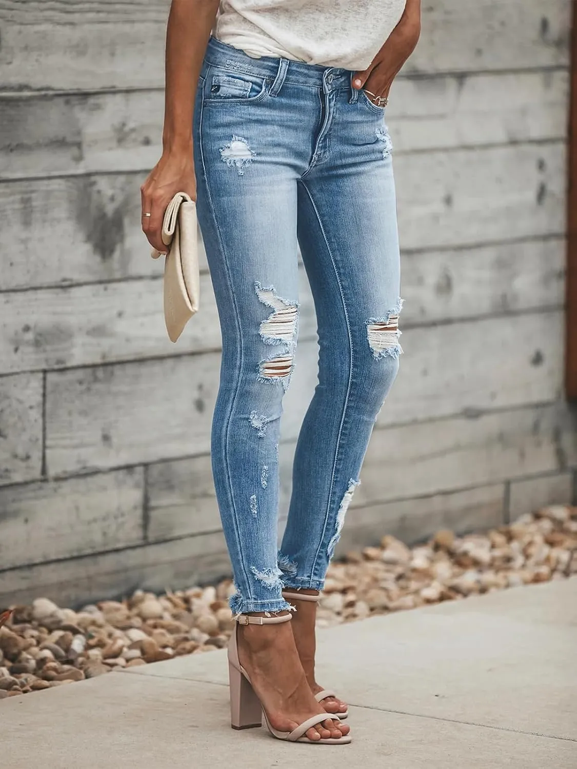 KUNMI Women's Skinny Ripped Trendy Jeans Distressed Stretchy Denim Pants