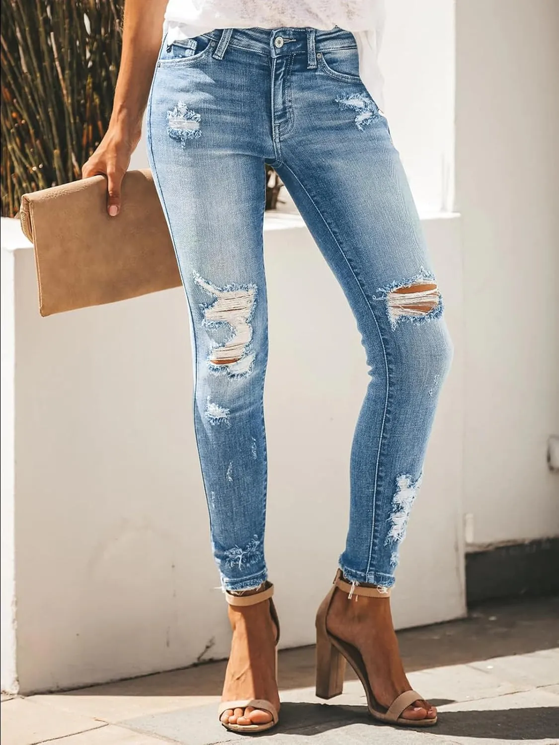 KUNMI Women's Skinny Ripped Trendy Jeans Distressed Stretchy Denim Pants