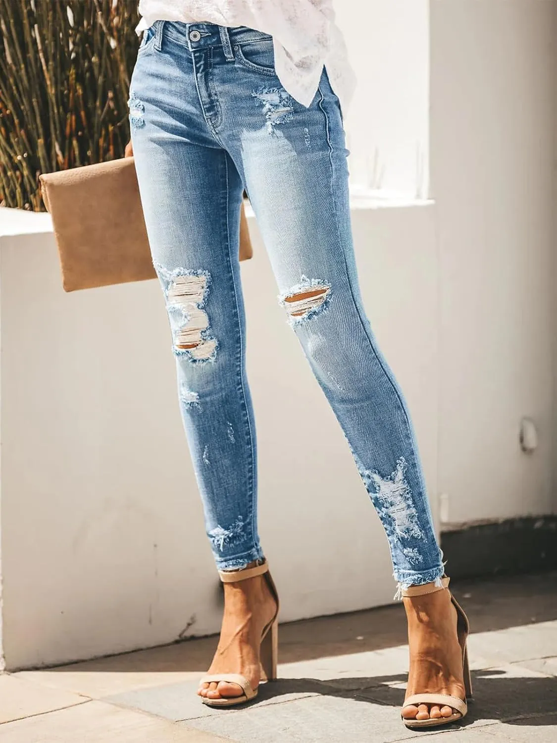 KUNMI Women's Skinny Ripped Trendy Jeans Distressed Stretchy Denim Pants