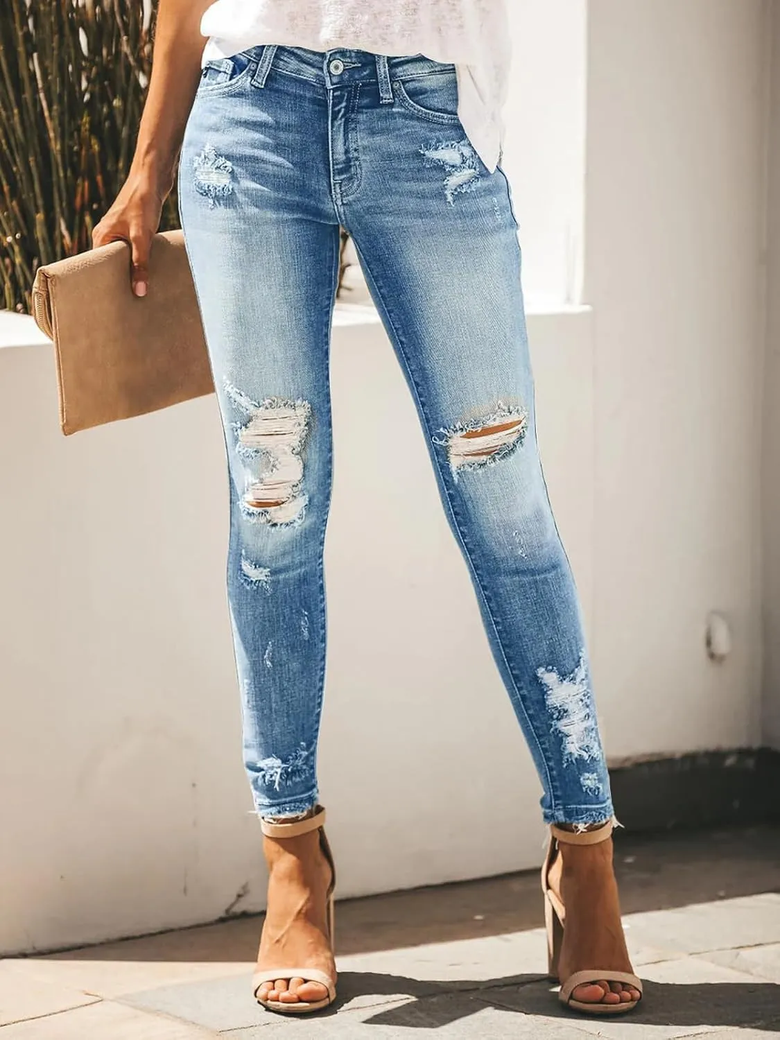 KUNMI Women's Skinny Ripped Trendy Jeans Distressed Stretchy Denim Pants