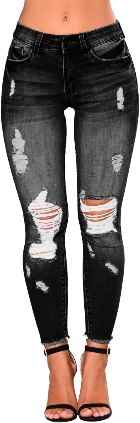 KUNMI Women's Skinny Ripped Trendy Jeans Distressed Stretchy Denim Pants