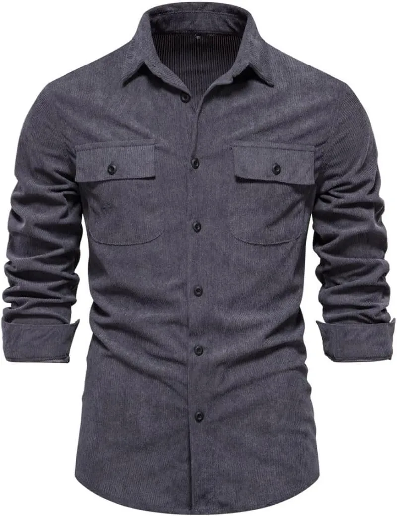Kwoki Fashion Mens Button Down Corduroy Shirts Long Sleeve Slim Fit Shirt Jacket Shacket with Pockets
