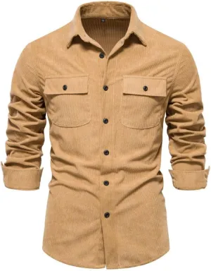 Kwoki Fashion Mens Button Down Corduroy Shirts Long Sleeve Slim Fit Shirt Jacket Shacket with Pockets