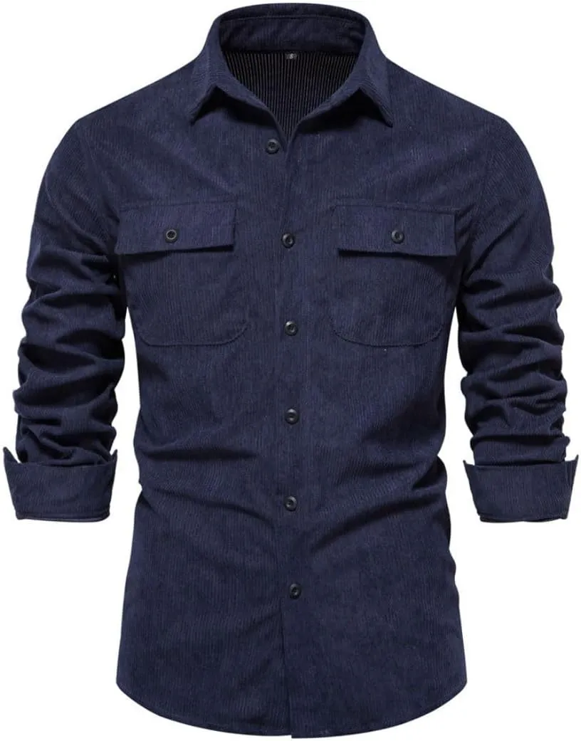 Kwoki Fashion Mens Button Down Corduroy Shirts Long Sleeve Slim Fit Shirt Jacket Shacket with Pockets