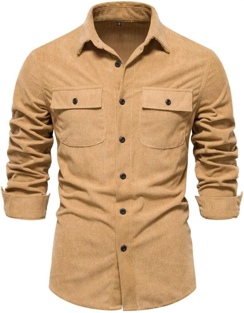 Kwoki Fashion Mens Button Down Corduroy Shirts Long Sleeve Slim Fit Shirt Jacket Shacket with Pockets