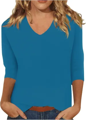 Ladies Tops and Blouses 3/4 Sleeve Basic Plain Tees for Women Wmens Casual Tops White Blouse Women's T-Shirts S-2XL