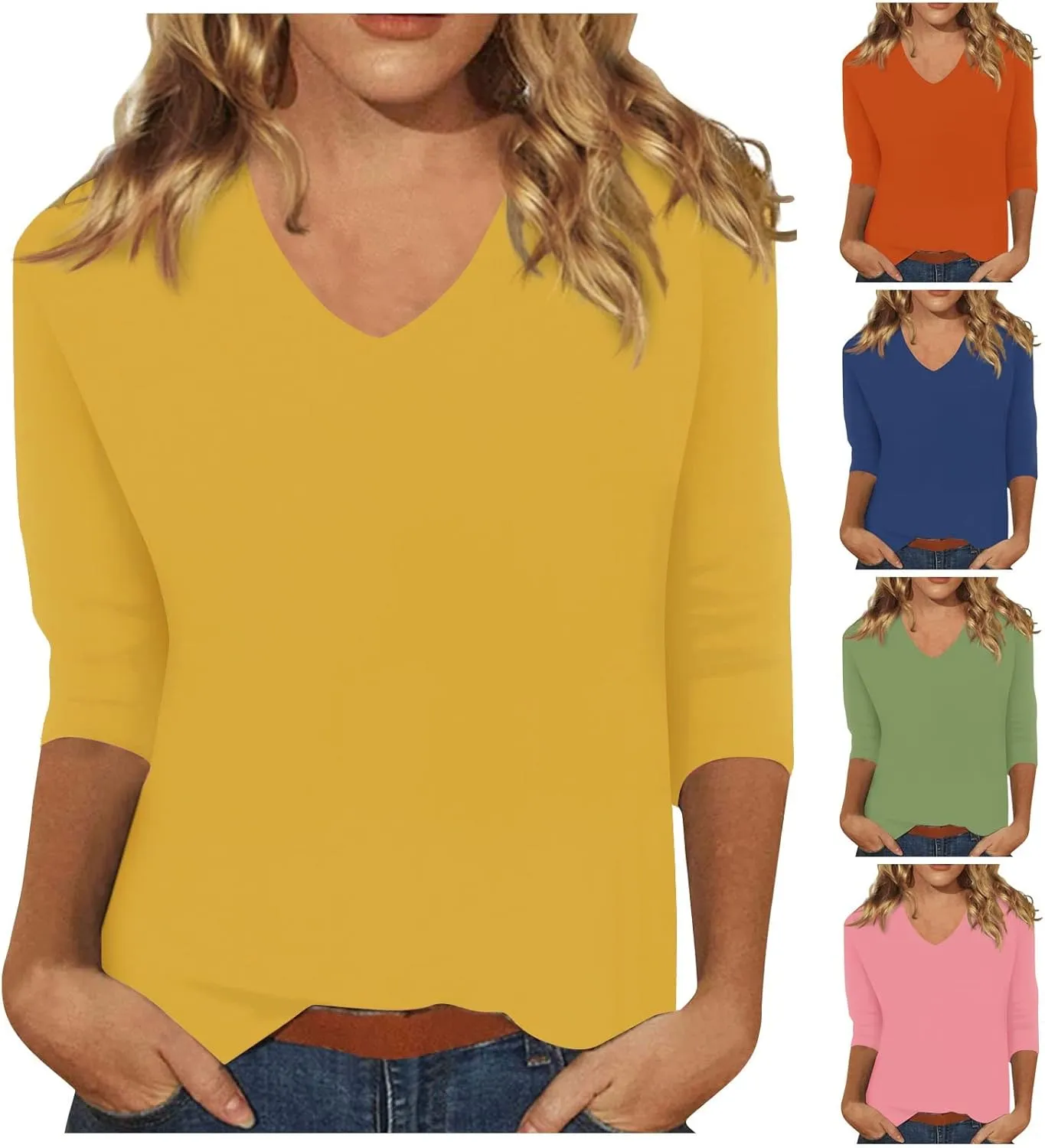 Ladies Tops and Blouses 3/4 Sleeve Basic Plain Tees for Women Wmens Casual Tops White Blouse Women's T-Shirts S-2XL
