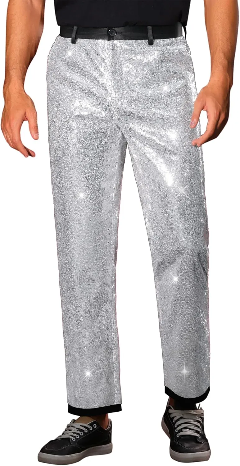 Lars Amadeus Sequin Dress Pants for Men's Straight Leg Button Down Party Metallic Shiny Suit Trouser