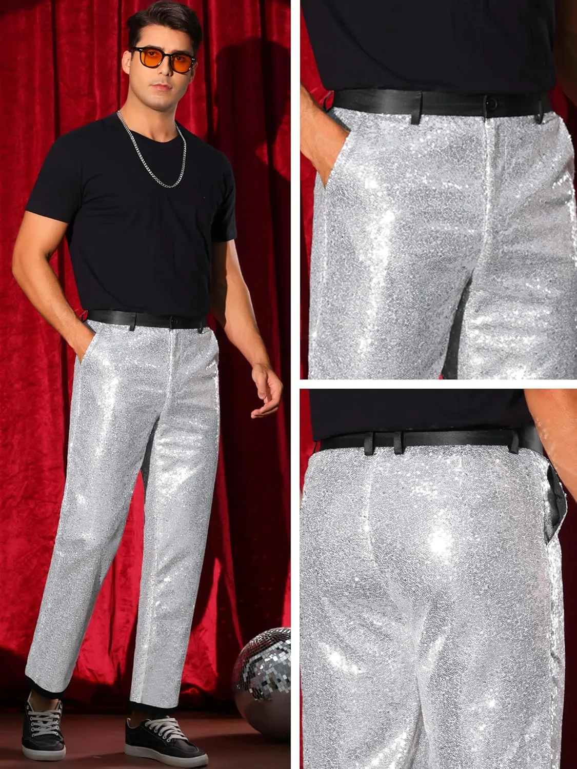 Lars Amadeus Sequin Dress Pants for Men's Straight Leg Button Down Party Metallic Shiny Suit Trouser
