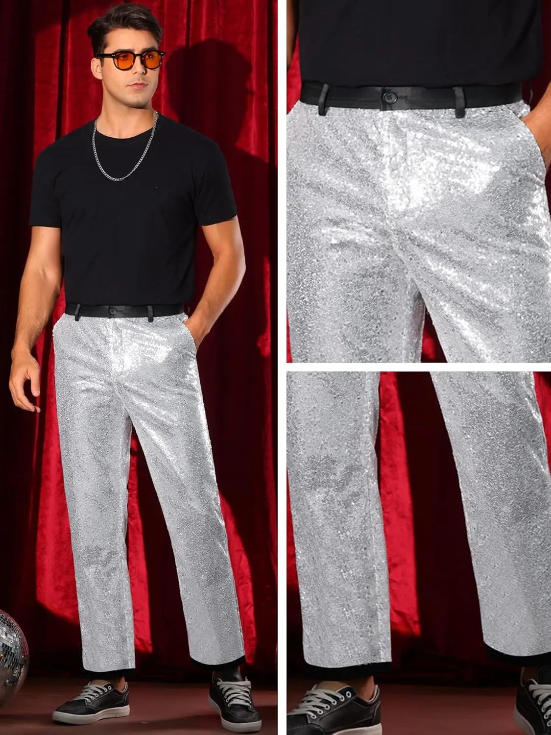 Lars Amadeus Sequin Dress Pants for Men's Straight Leg Button Down Party Metallic Shiny Suit Trouser