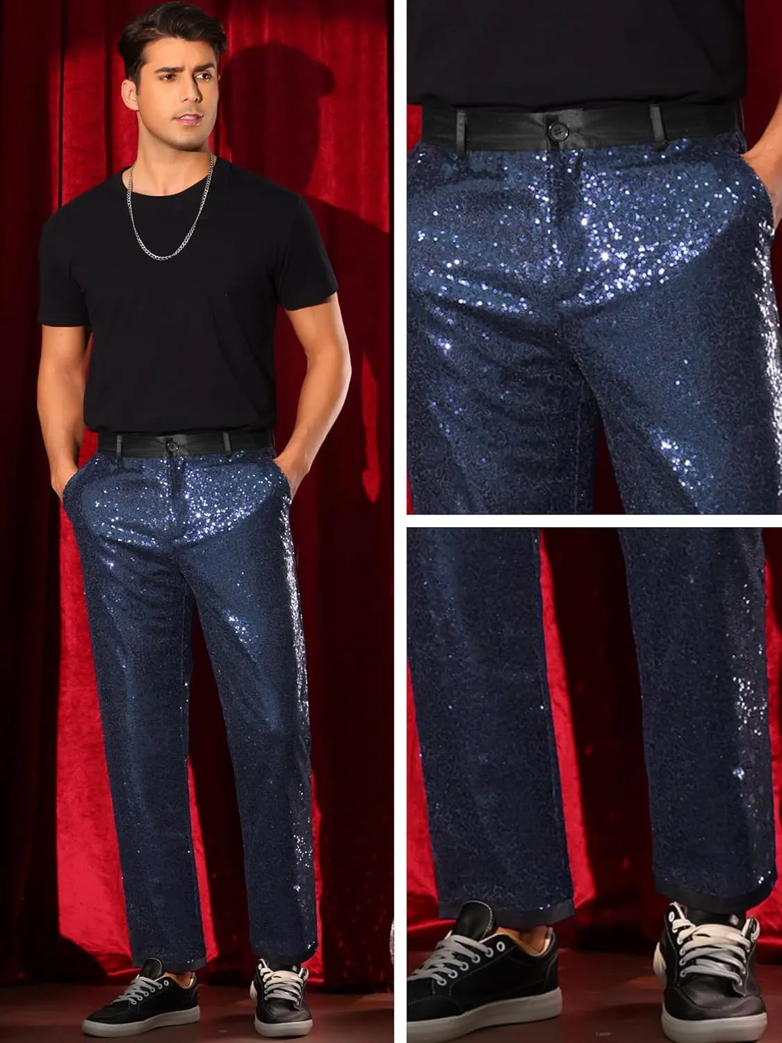 Lars Amadeus Sequin Dress Pants for Men's Straight Leg Button Down Party Metallic Shiny Suit Trouser