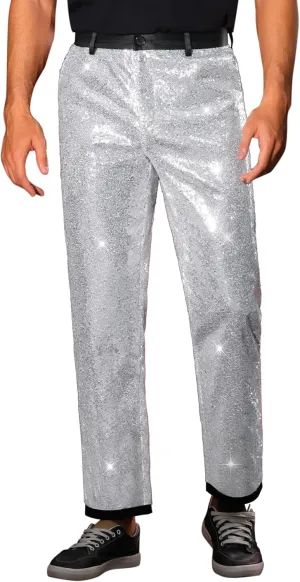Lars Amadeus Sequin Dress Pants for Men's Straight Leg Button Down Party Metallic Shiny Suit Trouser