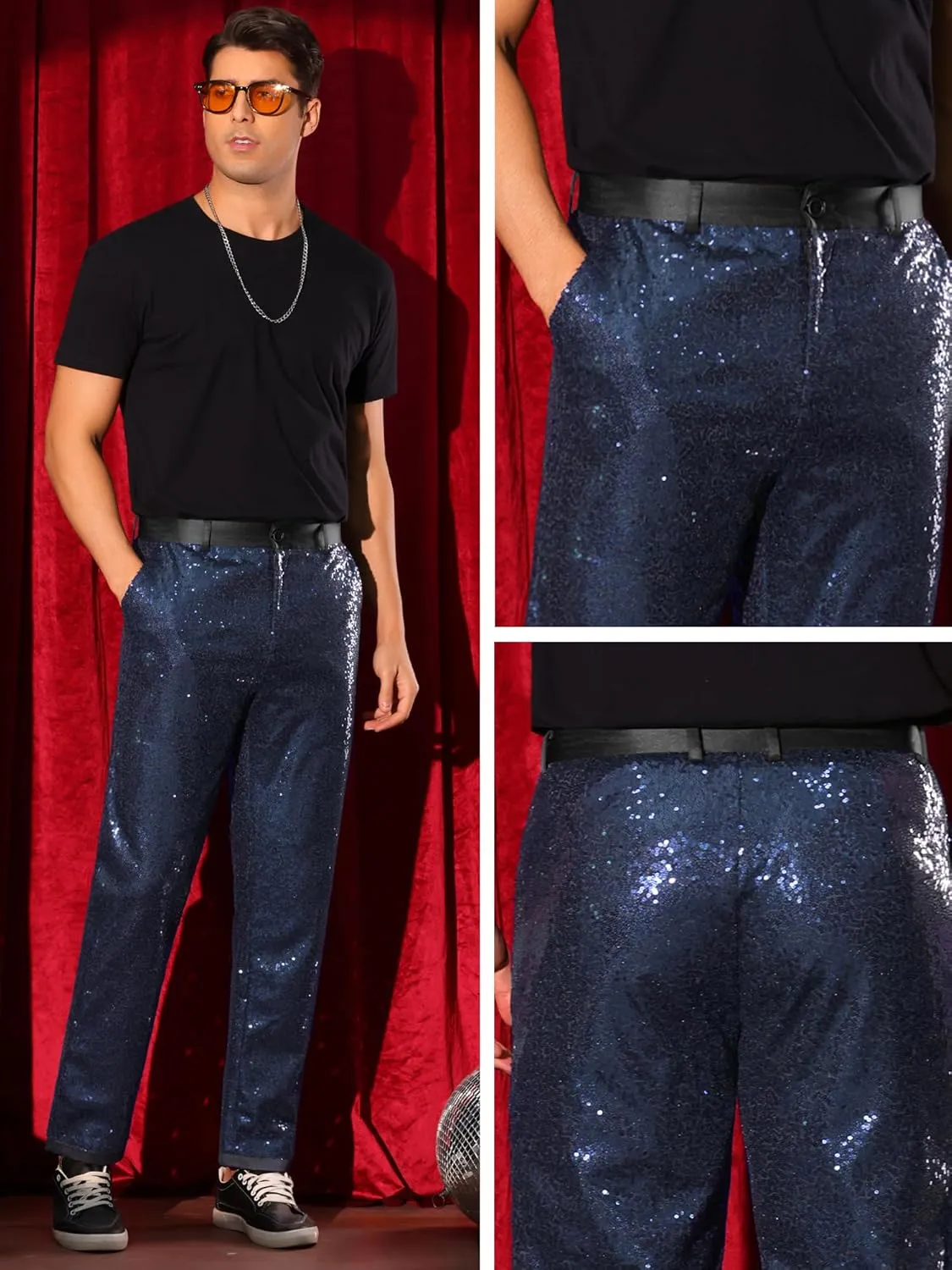 Lars Amadeus Sequin Dress Pants for Men's Straight Leg Button Down Party Metallic Shiny Suit Trouser