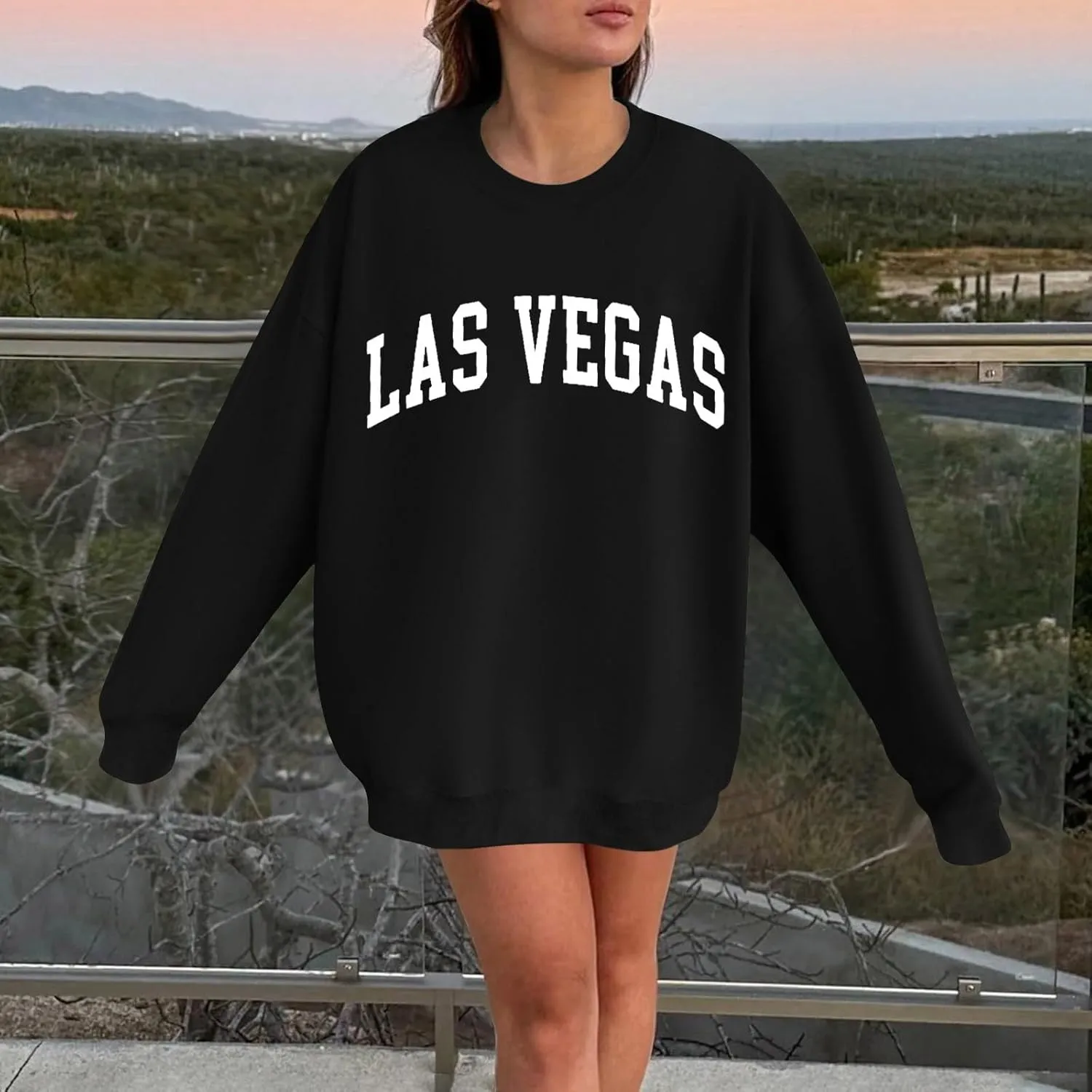 Las Vegas Sweatshirts for Women Letter Print Loose Fit Trendy Casual Pullover Tops Hoodies Crew Neck Sweatshirt