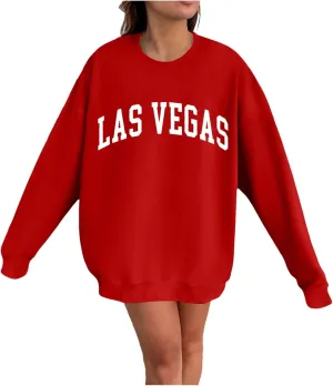 Las Vegas Sweatshirts for Women Letter Print Loose Fit Trendy Casual Pullover Tops Hoodies Crew Neck Sweatshirt