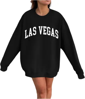 Las Vegas Sweatshirts for Women Letter Print Loose Fit Trendy Casual Pullover Tops Hoodies Crew Neck Sweatshirt