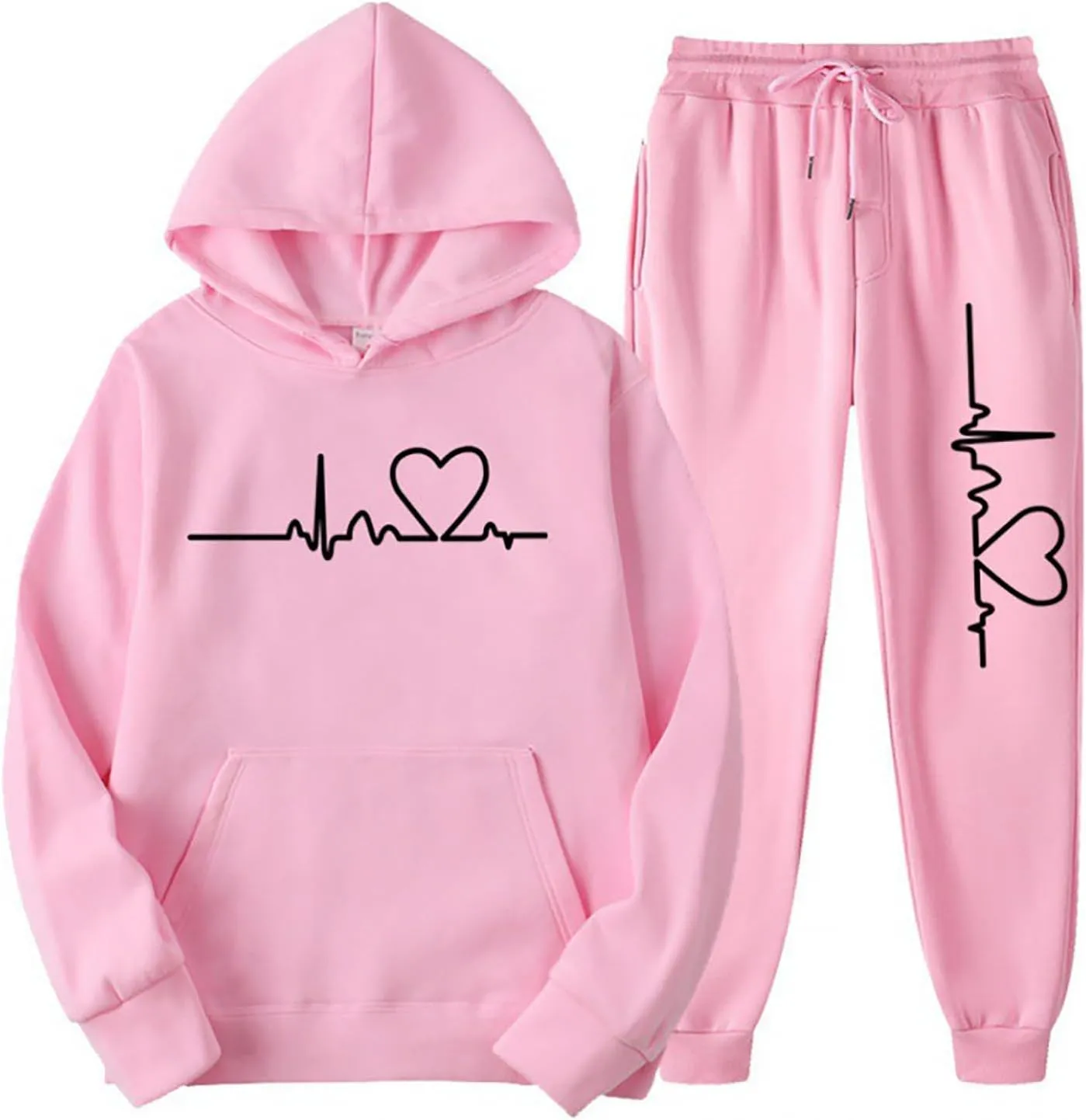 Lastesso Jogger Sets for Women 2 Piece Baggy Fit Funny Heart Print Track Suits Soft Solid Color Sweatsuits Set with Pockets