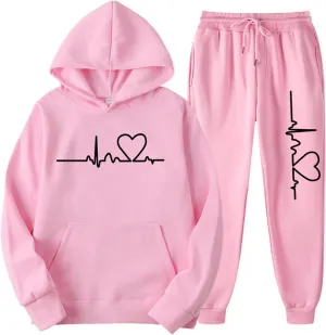 Lastesso Jogger Sets for Women 2 Piece Baggy Fit Funny Heart Print Track Suits Soft Solid Color Sweatsuits Set with Pockets