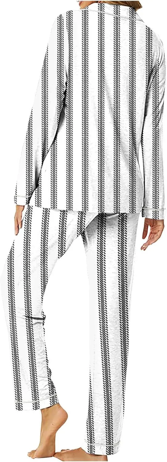 Lastesso Womens Pajama Sets Fashion Vertical Stripe Pajamas V Neck Button Shirts Wear and Soft Pants Casual 2 Piece Outfits