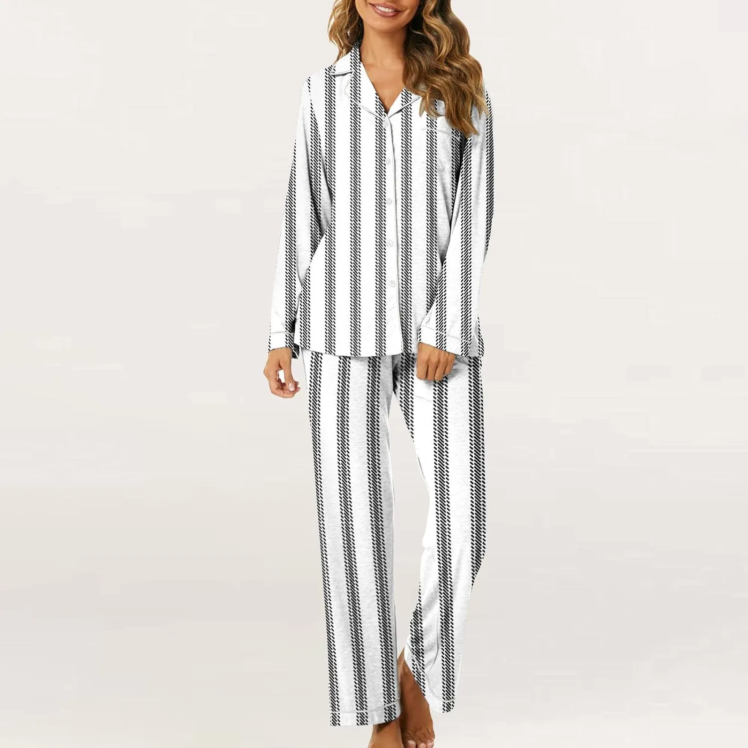 Lastesso Womens Pajama Sets Fashion Vertical Stripe Pajamas V Neck Button Shirts Wear and Soft Pants Casual 2 Piece Outfits