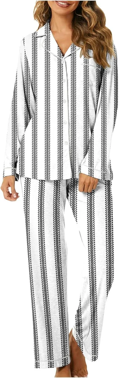 Lastesso Womens Pajama Sets Fashion Vertical Stripe Pajamas V Neck Button Shirts Wear and Soft Pants Casual 2 Piece Outfits