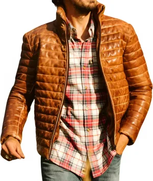 Leather Puffer Jacket Men's Lambskin Down Leather Quilted Jacket Lightweight Zip Up Winter Mens Puffer Coat
