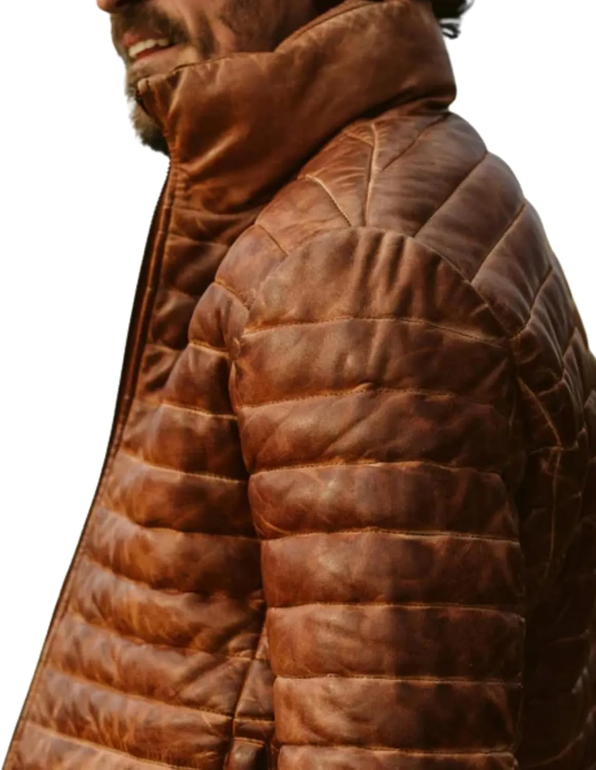 Leather Puffer Jacket Men's Lambskin Down Leather Quilted Jacket Lightweight Zip Up Winter Mens Puffer Coat