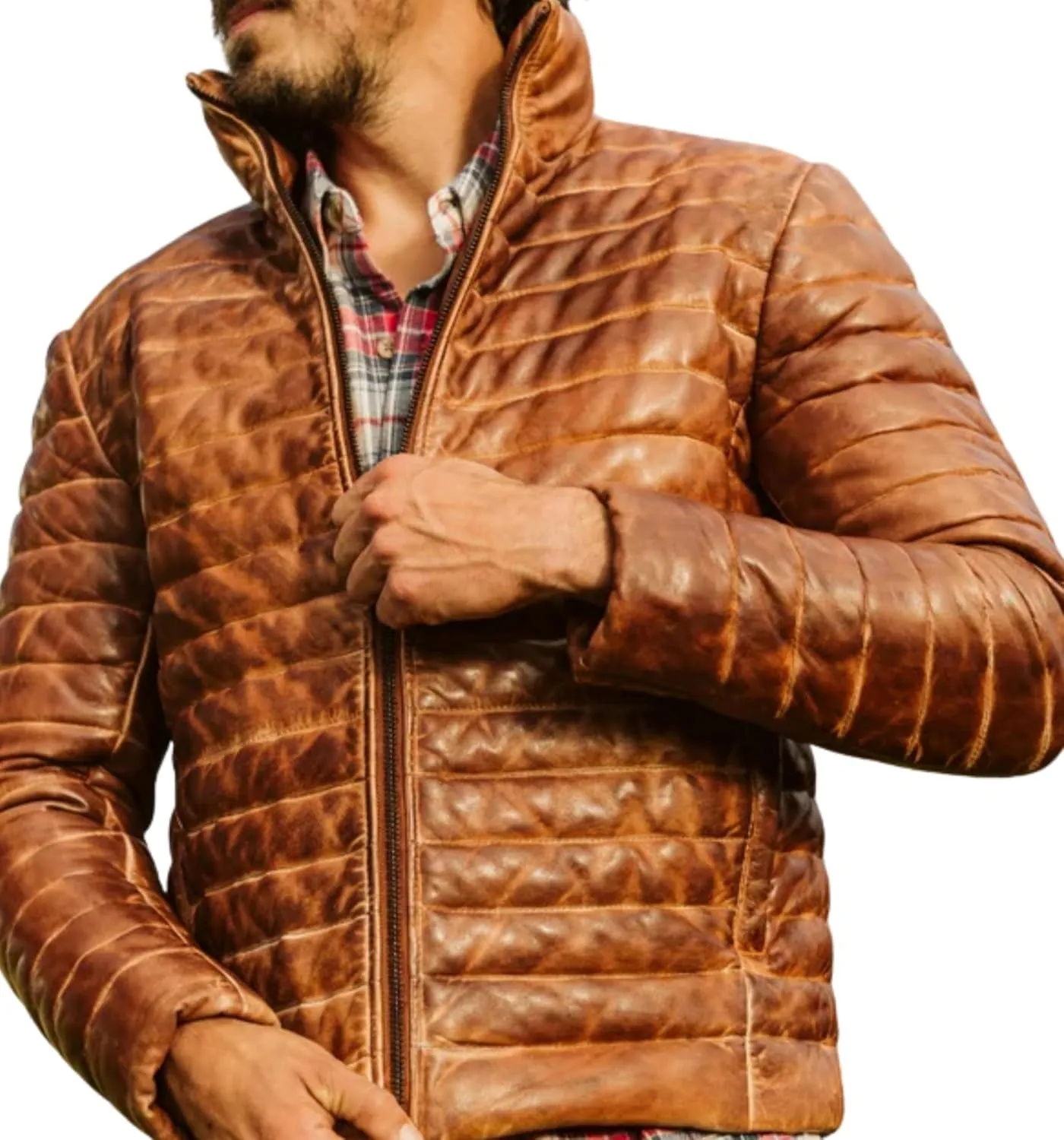 Leather Puffer Jacket Men's Lambskin Down Leather Quilted Jacket Lightweight Zip Up Winter Mens Puffer Coat