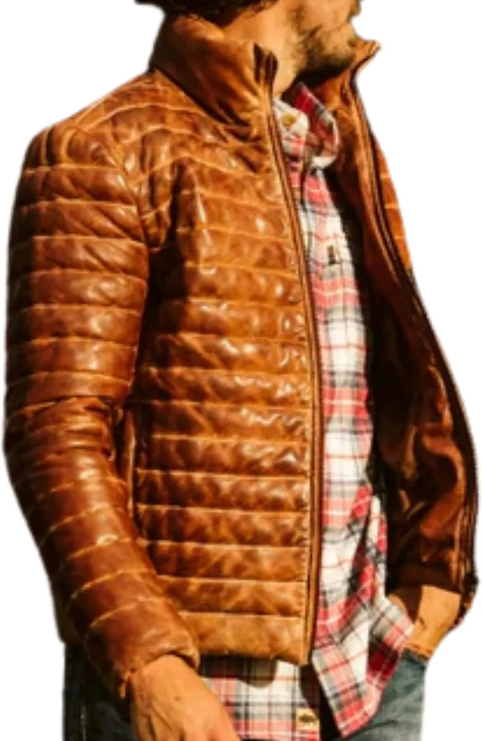 Leather Puffer Jacket Men's Lambskin Down Leather Quilted Jacket Lightweight Zip Up Winter Mens Puffer Coat