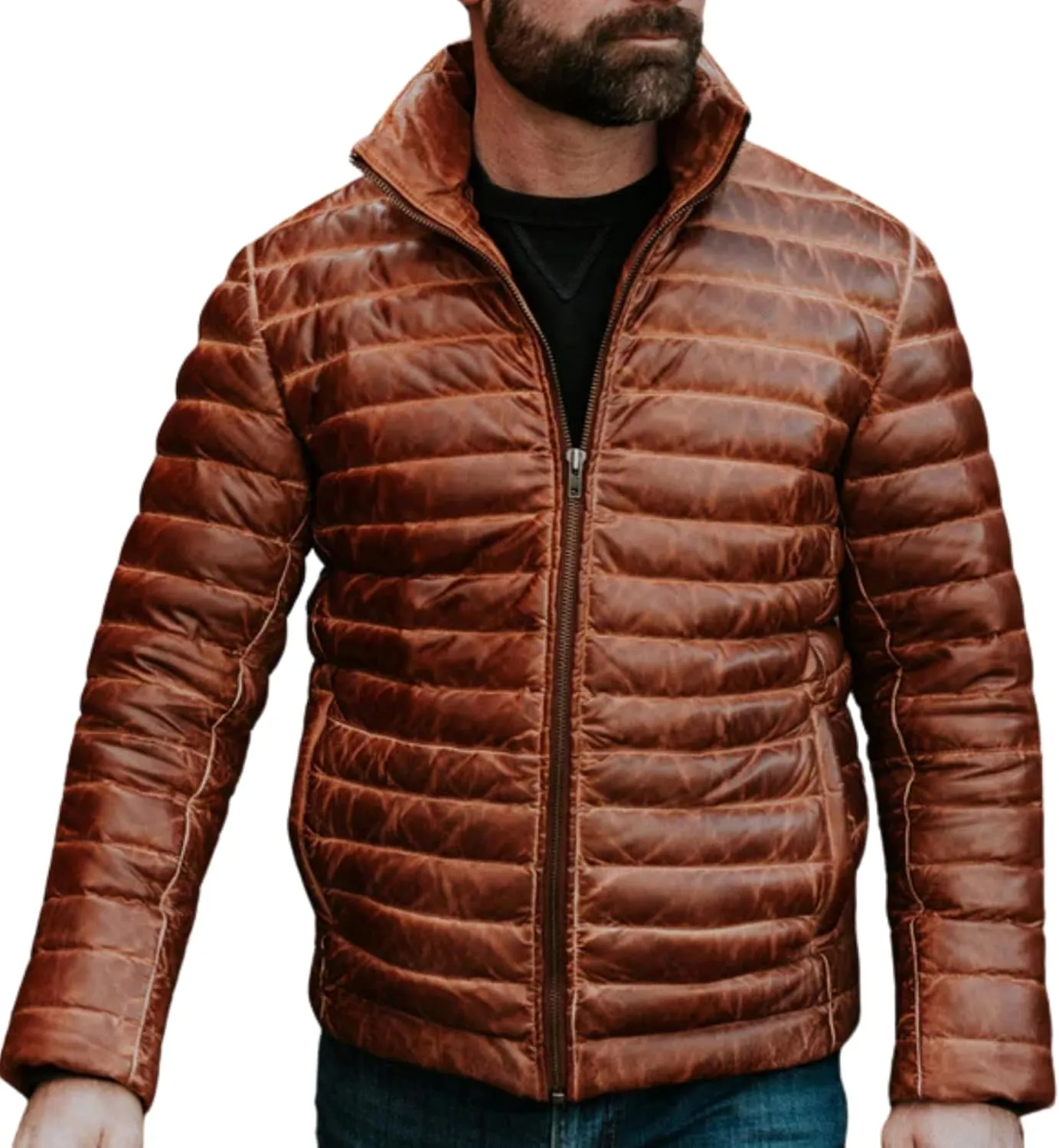 Leather Puffer Jacket Men's Lambskin Down Leather Quilted Jacket Lightweight Zip Up Winter Mens Puffer Coat