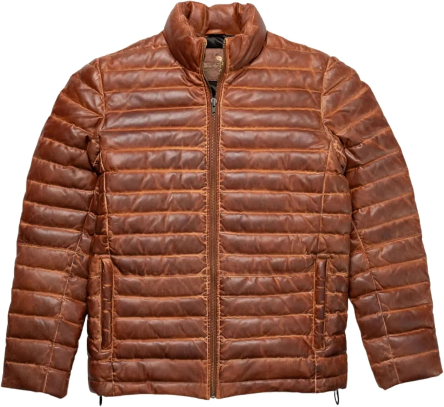 Leather Puffer Jacket Men's Lambskin Down Leather Quilted Jacket Lightweight Zip Up Winter Mens Puffer Coat