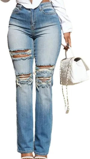 LETSVDO Women's Skinny Ripped Jeans High Waisted Straight Leg Distressed Raw Asymmetrical Strechy Denim Pants