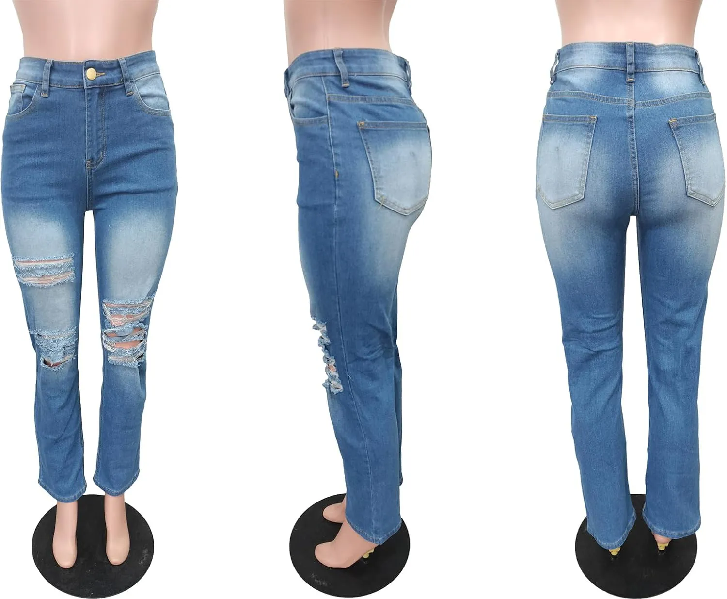 LETSVDO Women's Skinny Ripped Jeans High Waisted Straight Leg Distressed Raw Asymmetrical Strechy Denim Pants