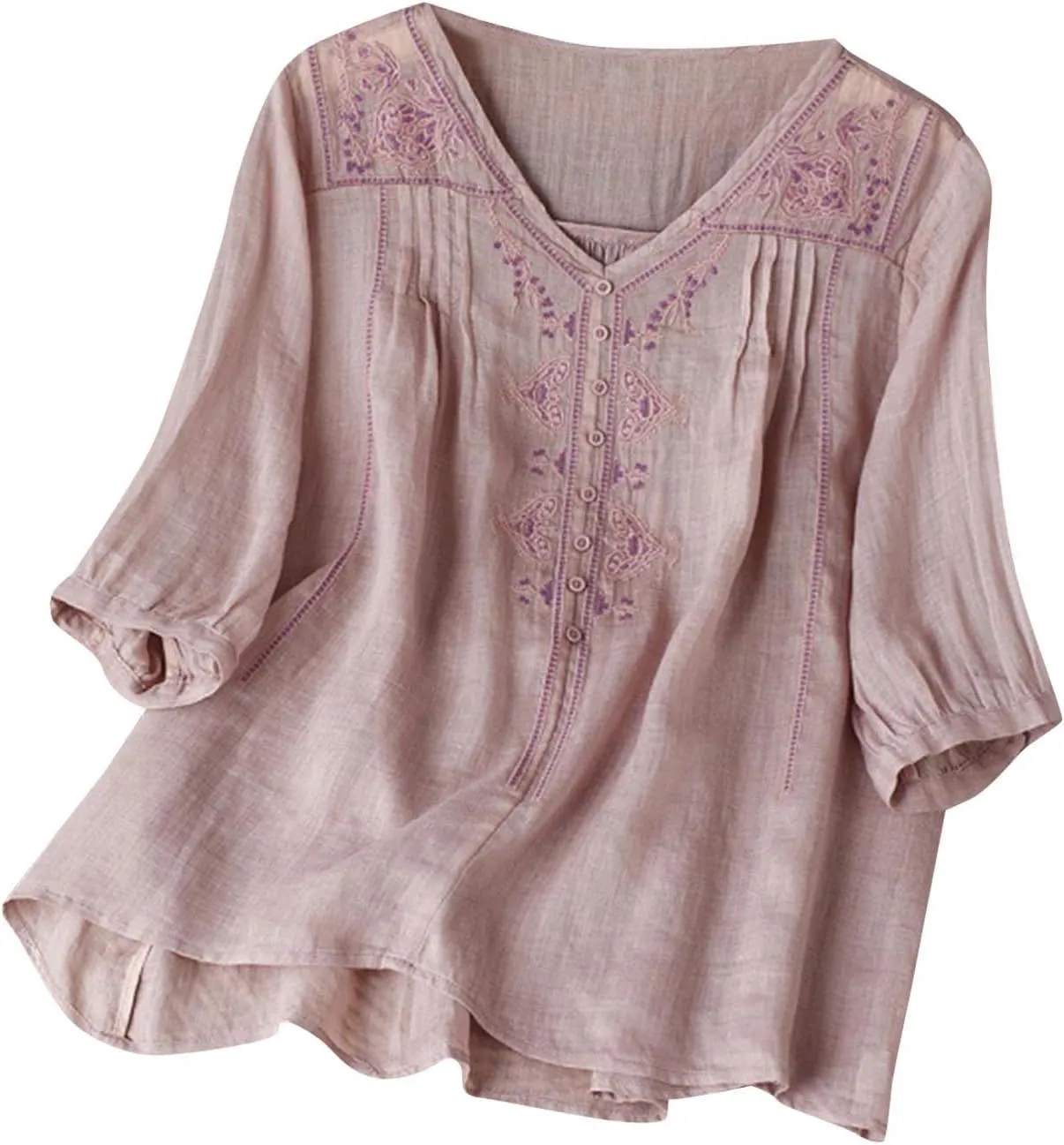 Linen Button Down Shirt Women Short Sleeve V Neck Blouse Embroidered Graphic Pullover Summer Casual Loose Tee Tops