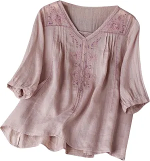 Linen Button Down Shirt Women Short Sleeve V Neck Blouse Embroidered Graphic Pullover Summer Casual Loose Tee Tops