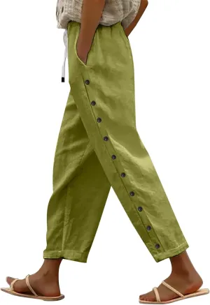 Linen Capris for Women Elastic Waisted Drawstring Capri Pants with Pockets Side Button Casual Summer Cropped Pants