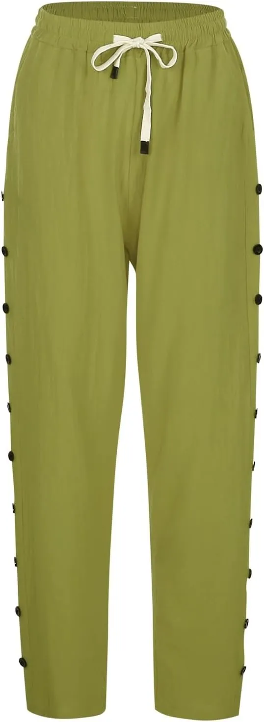 Linen Capris for Women Elastic Waisted Drawstring Capri Pants with Pockets Side Button Casual Summer Cropped Pants