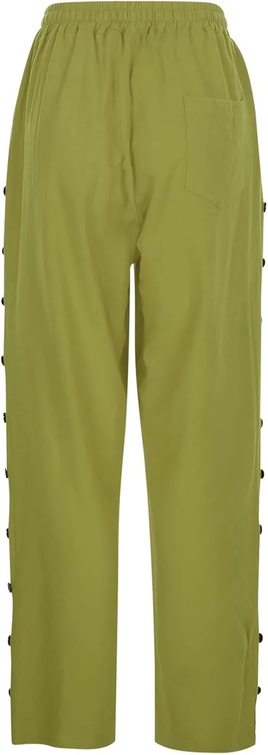 Linen Capris for Women Elastic Waisted Drawstring Capri Pants with Pockets Side Button Casual Summer Cropped Pants