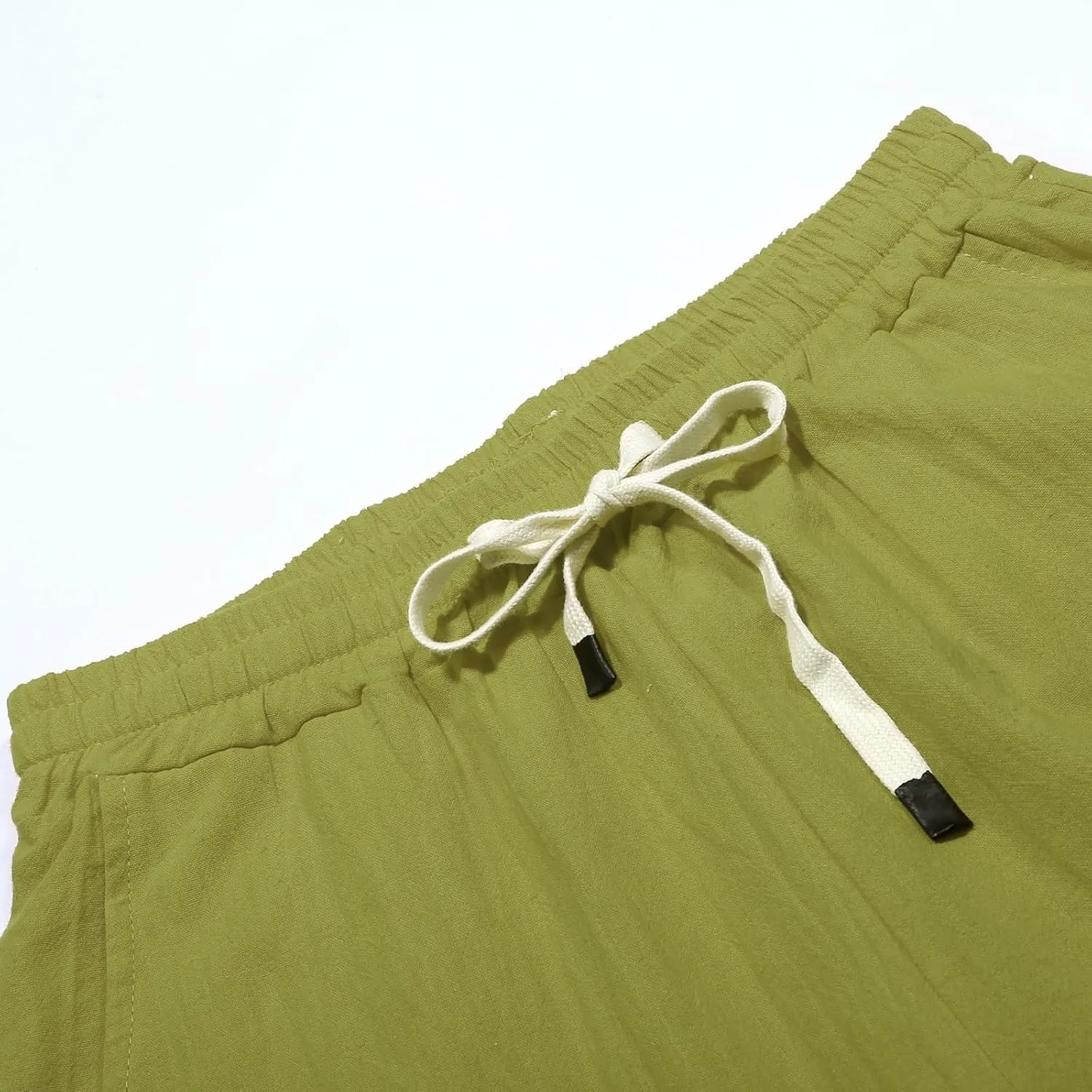 Linen Capris for Women Elastic Waisted Drawstring Capri Pants with Pockets Side Button Casual Summer Cropped Pants