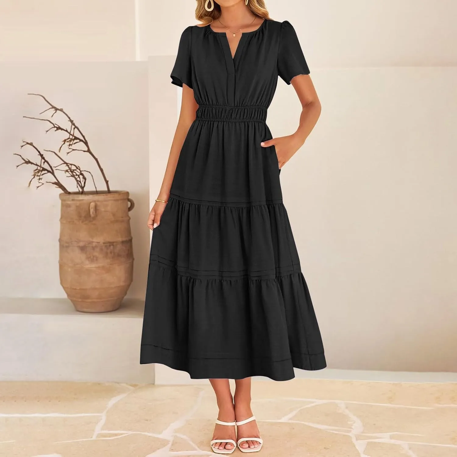 Linen Dresses for Women 2025,Flowy Pleated T Shirt Modest Maxi Dresses Trendy Cute Beach Vacation A Line Sundresses
