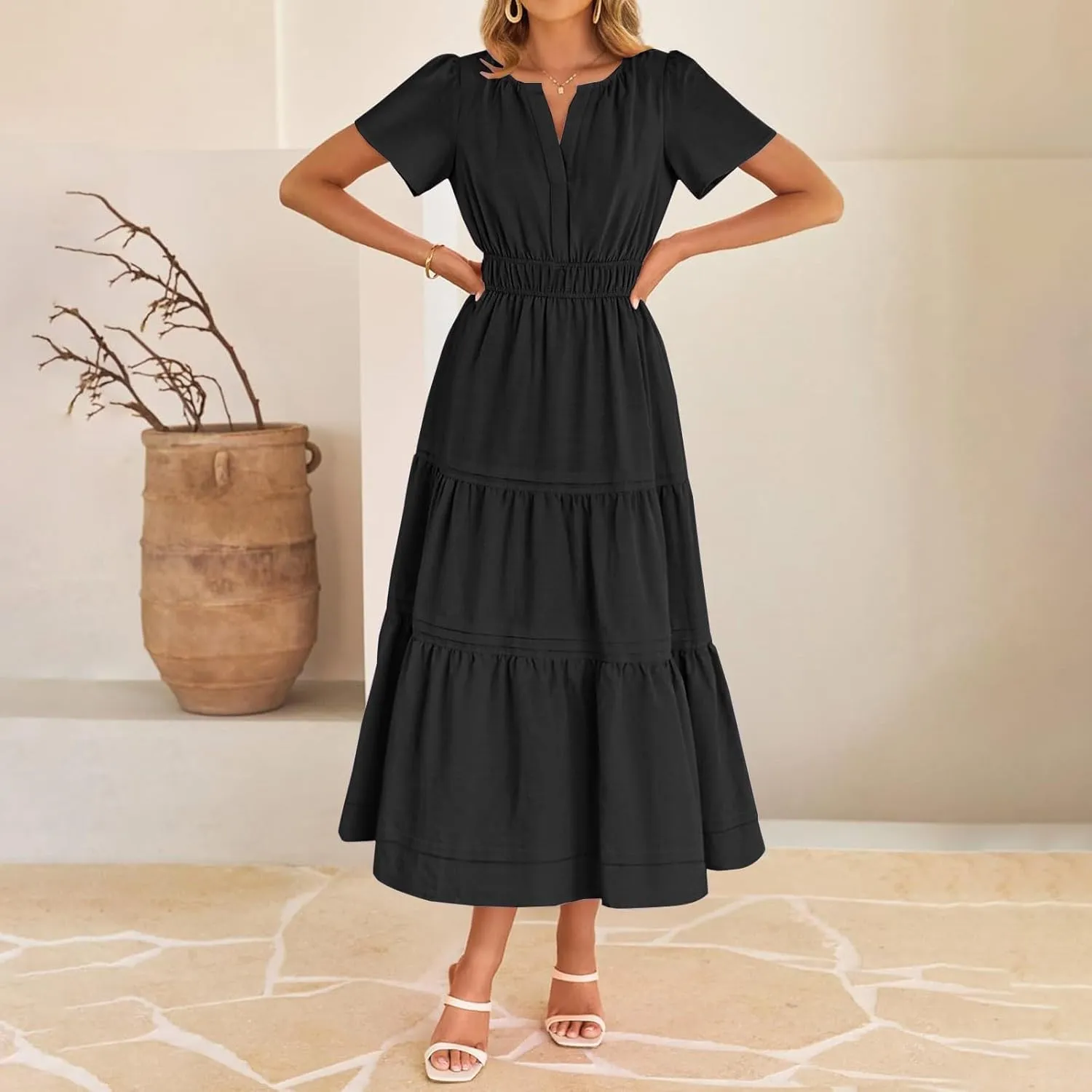 Linen Dresses for Women 2025,Flowy Pleated T Shirt Modest Maxi Dresses Trendy Cute Beach Vacation A Line Sundresses