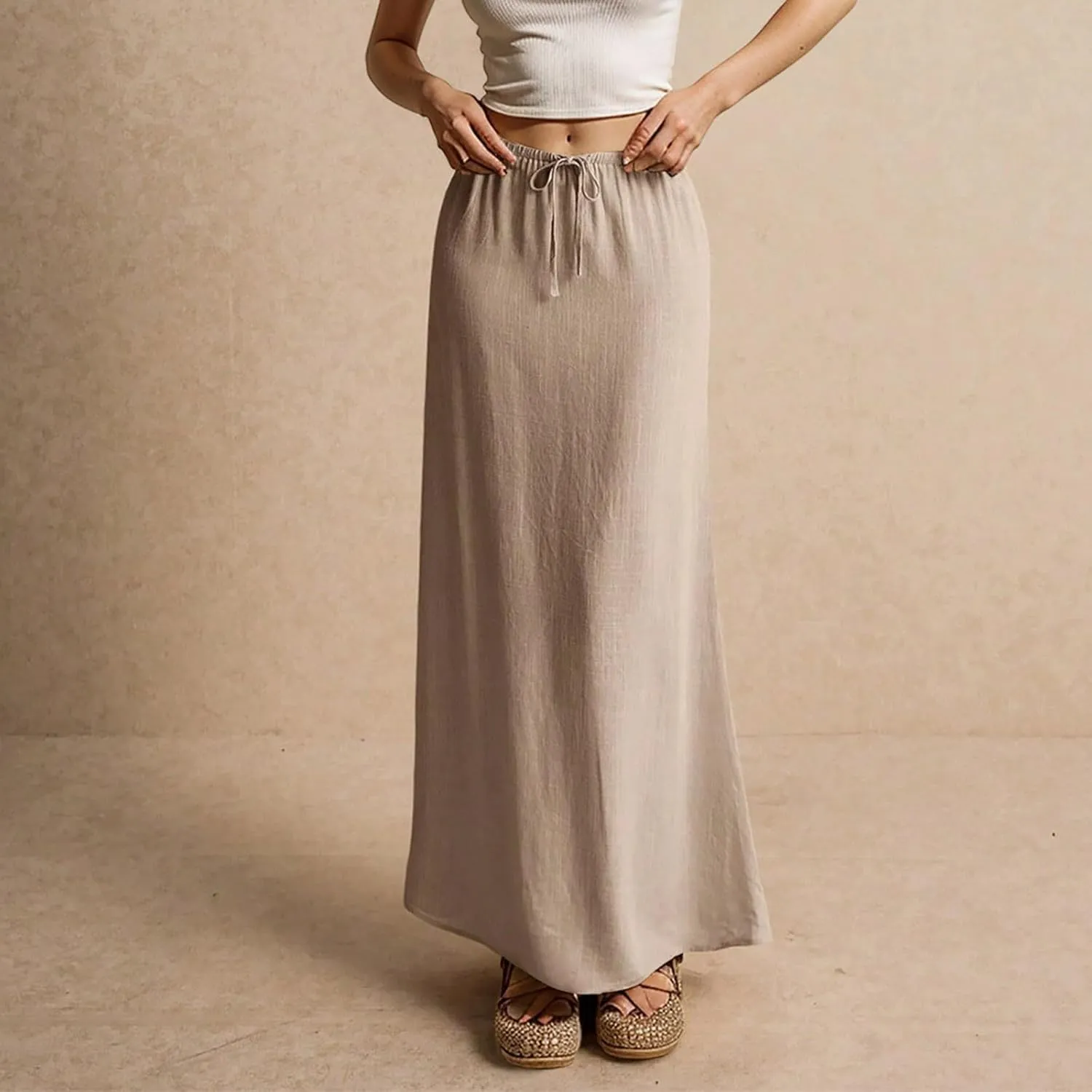 Linen Maxi Skirts for Women Summer Beach Comfy Drawstring Waist A Line Skirts Vacation Boho Long Flowy Skirt