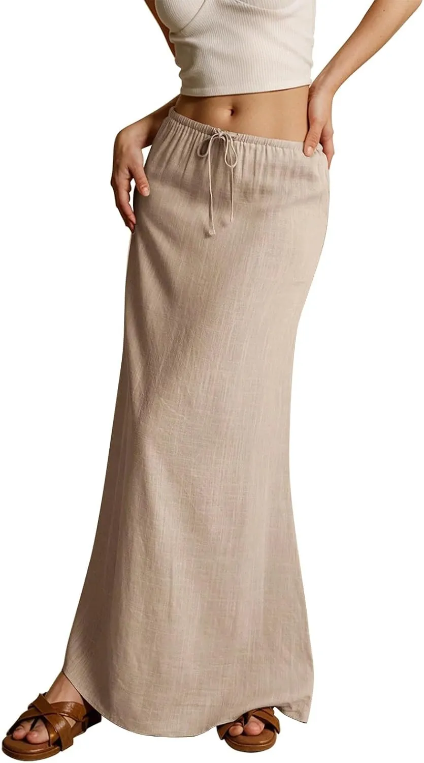 Linen Maxi Skirts for Women Summer Beach Comfy Drawstring Waist A Line Skirts Vacation Boho Long Flowy Skirt