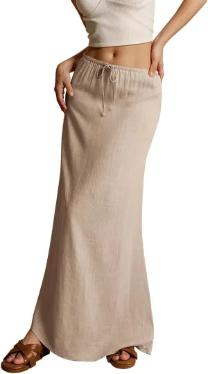 Linen Maxi Skirts for Women Summer Beach Comfy Drawstring Waist A Line Skirts Vacation Boho Long Flowy Skirt