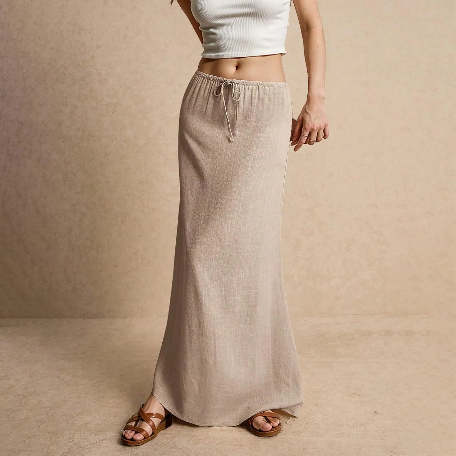 Linen Maxi Skirts for Women Summer Beach Comfy Drawstring Waist A Line Skirts Vacation Boho Long Flowy Skirt