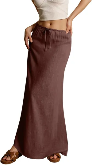 Linen Maxi Skirts for Women Trendy Summer Comfy Drawstring Waist A Line Skirts Cute Vacation Long Flowy Skirts