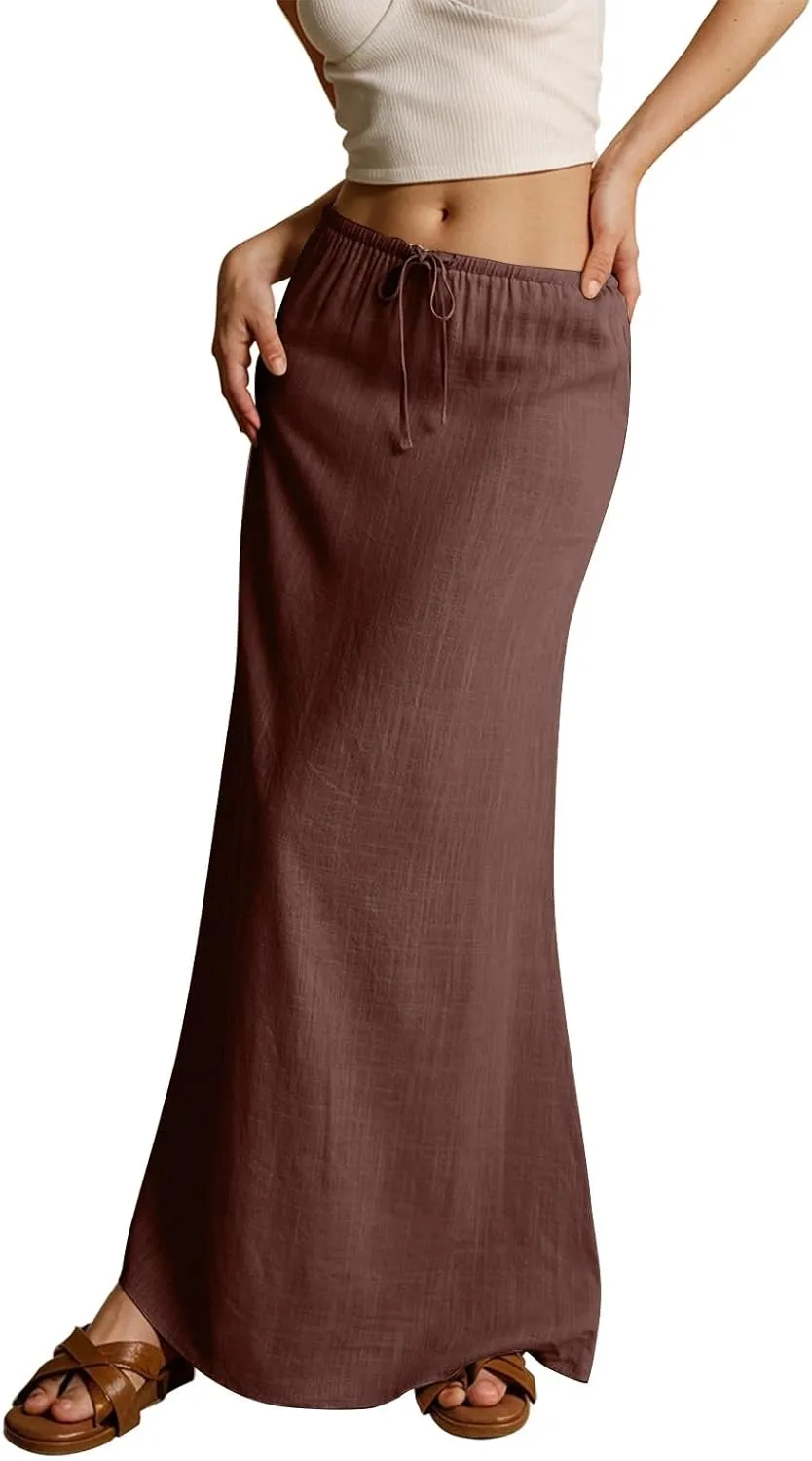 Linen Maxi Skirts for Women Trendy Summer Comfy Drawstring Waist A Line Skirts Cute Vacation Long Flowy Skirts