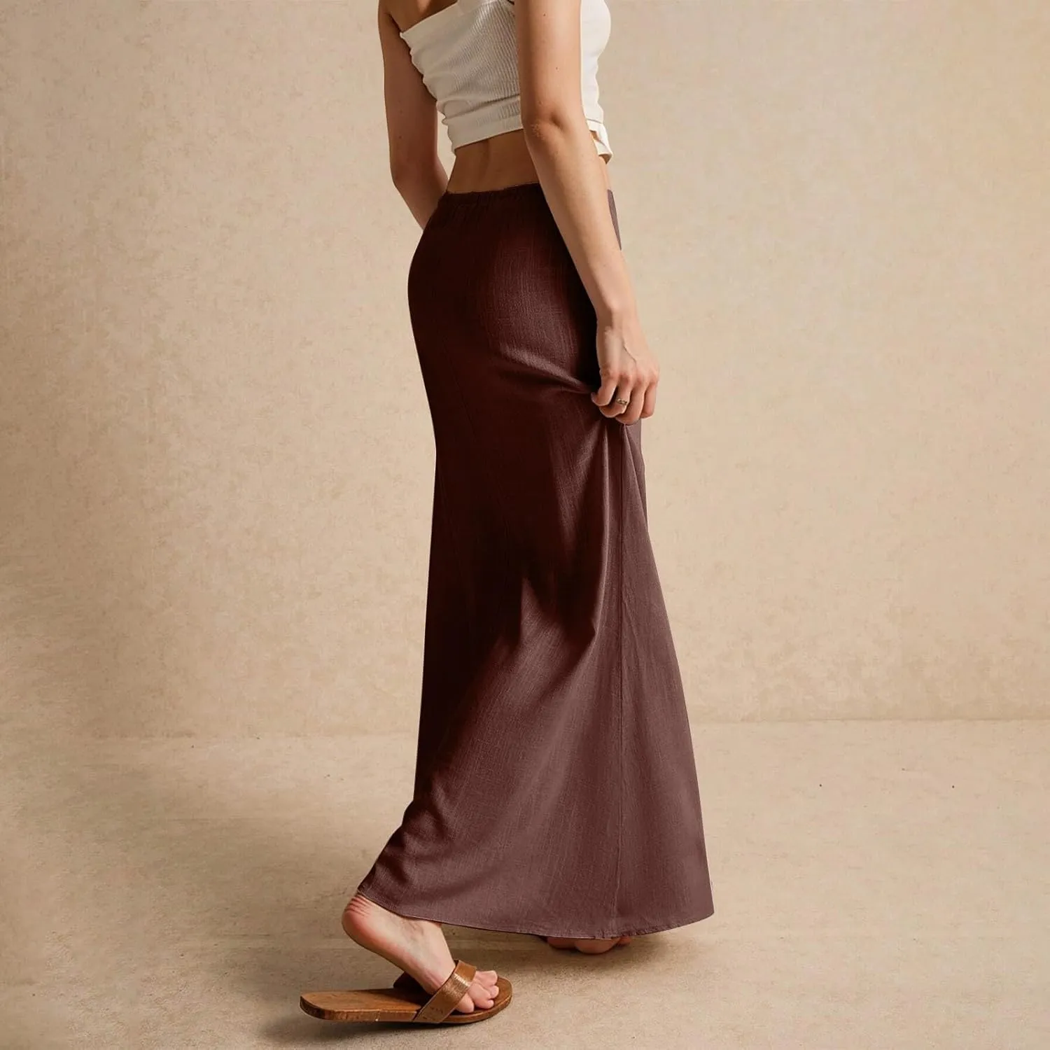Linen Maxi Skirts for Women Trendy Summer Comfy Drawstring Waist A Line Skirts Cute Vacation Long Flowy Skirts