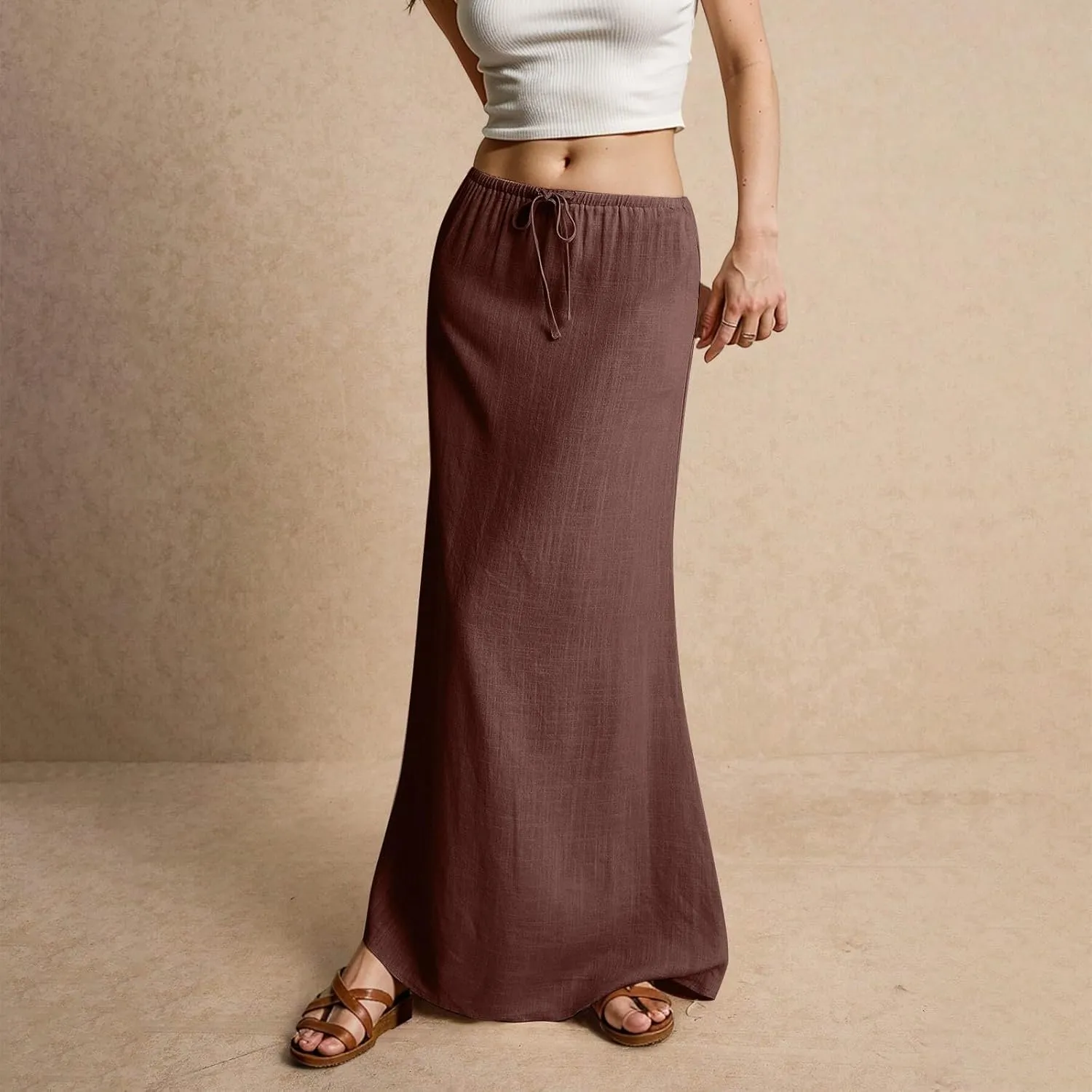 Linen Maxi Skirts for Women Trendy Summer Comfy Drawstring Waist A Line Skirts Cute Vacation Long Flowy Skirts
